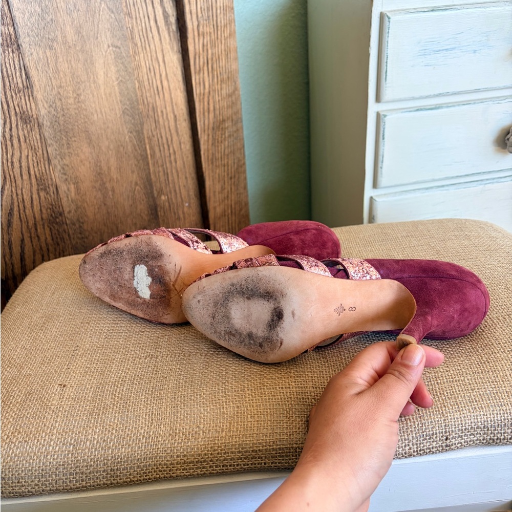 🩷Miss Albright🩷Women's Plum Suede & Rose Gold Glitter Heels - Picture 6 of 9